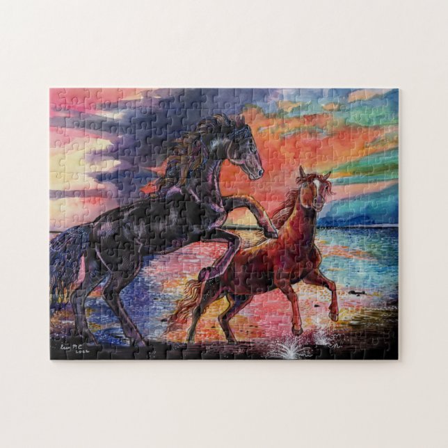 Puzzle Caballos de acuarela de cielo infinito (Horizontal)