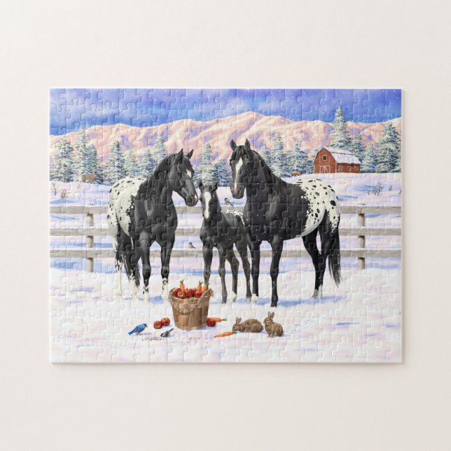 Puzzle Caballos De Appaloosa Negros En Una Granja De Niev (Horizontal)