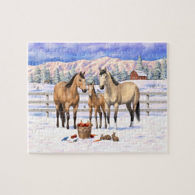 Puzzle Caballos De Cuero De Cuello En Una Granja De Nieve (Horizontal)
