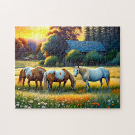 Puzzle Caballos en prado de flores silvestres de granja