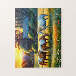 Puzzle Caballos en prado de flores silvestres de granja