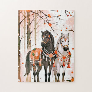 Puzzle Caballos en un bosque rojo