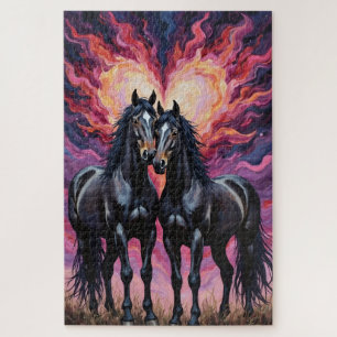 Puzzle Caballos Frisones Silueta dramática de amor