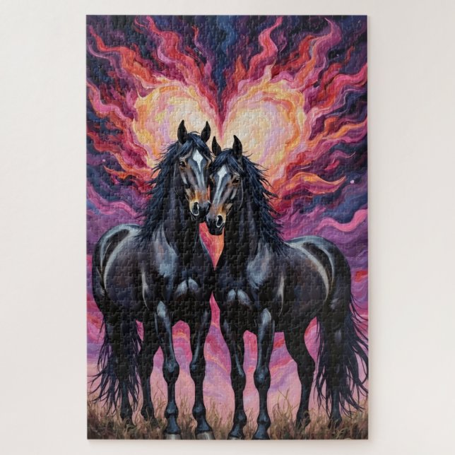 Puzzle Caballos Frisones Silueta dramática de amor (Vertical)