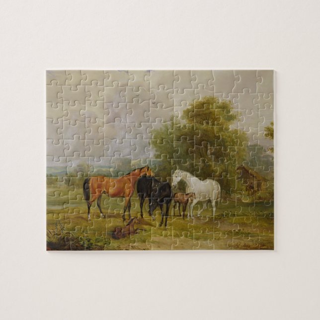 Puzzle Caballos que pastan: Yeguas y potros en un campo (Horizontal)