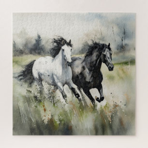 Puzzle Caballos Salvajes Blancos Negros Acuarela