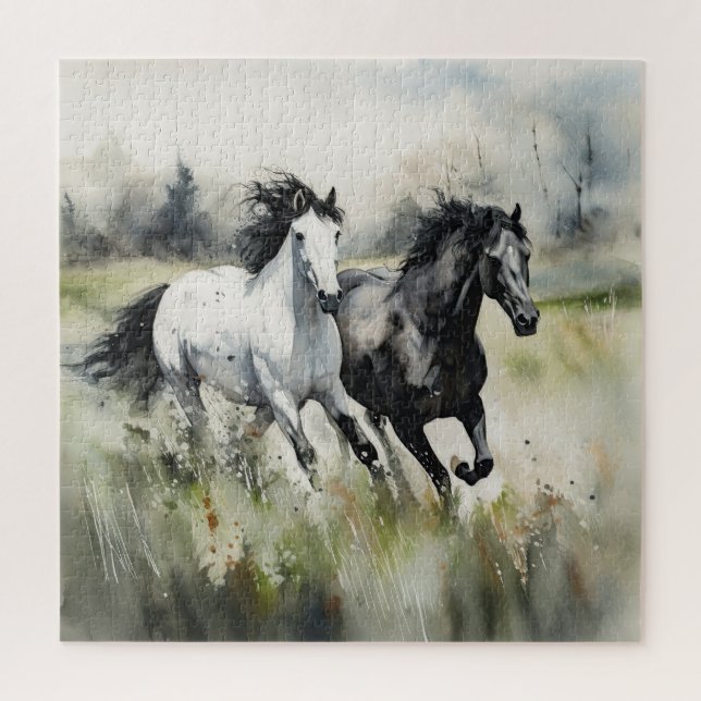 Puzzle Caballos Salvajes Blancos Negros Acuarela (Vertical)