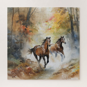 Puzzle Caballos Salvajes Corriendo Bosque Acuarela