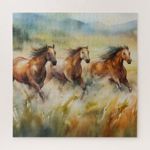 Puzzle Caballos Salvajes Corriendo Campos Verdes Acuarela