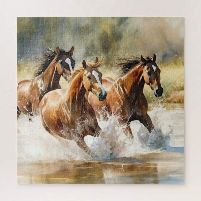 Puzzle Caballos Salvajes Corriendo Marrón Negro Acuarela (Vertical)