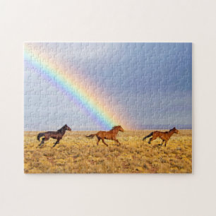 Puzzle Caballos salvajes de Mustang corriendo con arcoiri