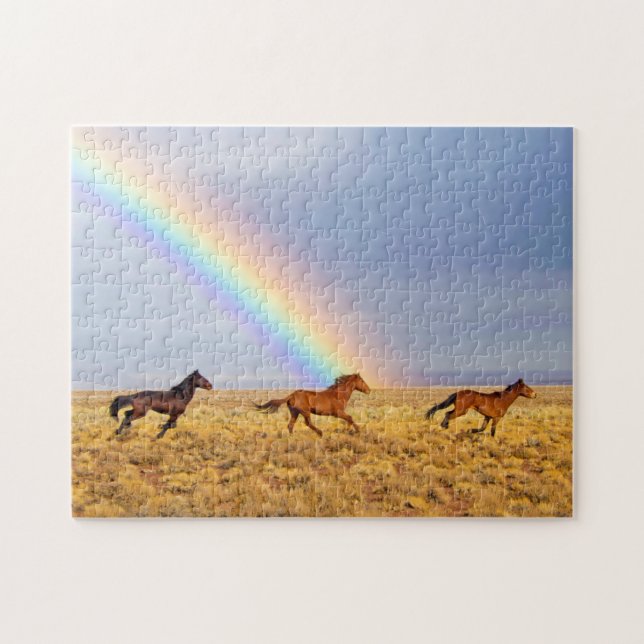 Puzzle Caballos salvajes de Mustang corriendo con arcoiri (Horizontal)