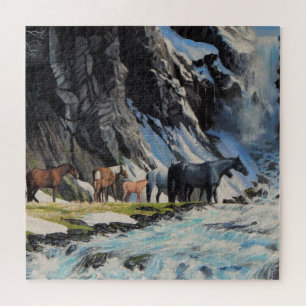 Puzzle Caballos silvestres, potros por río de montaña