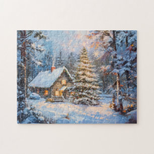 Puzzle Cabaña acogedora de invierno con árbol de Navidad