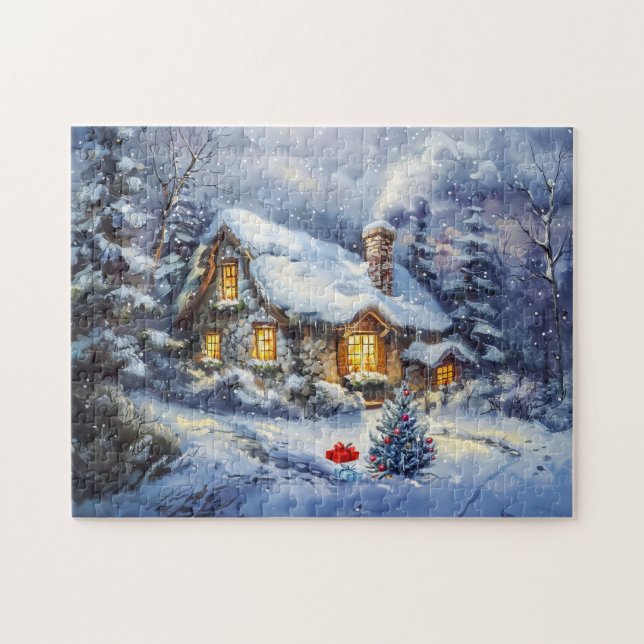 Puzzle Cabaña acogedora de invierno con árbol de Navidad (Horizontal)