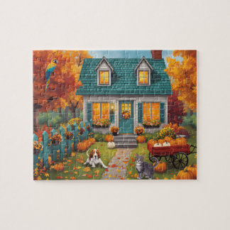 Puzzle Cabaña acogedora de otoño con calabazas