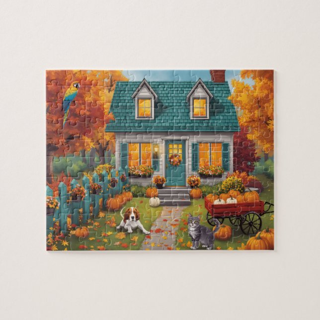 Puzzle Cabaña acogedora de otoño con calabazas (Horizontal)