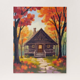 Puzzle Cabaña Acuarela de bosque con follaje de otoño