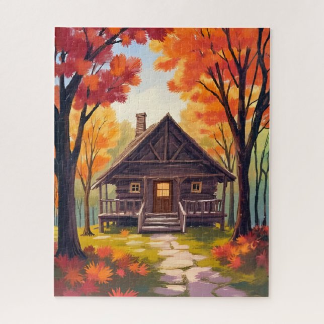 Puzzle Cabaña | Acuarela de bosque con follaje de otoño (Vertical)
