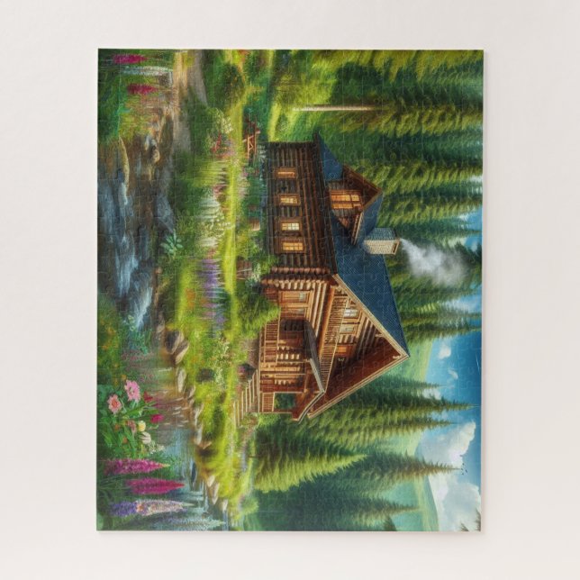 Puzzle Cabaña, arroyo y flores en el bosque (Vertical)
