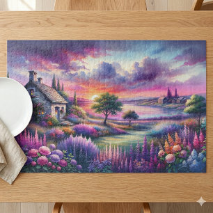 Puzzle Cabaña Atardecer Pastel Jardín junto al Lago Paisa