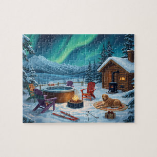 Puzzle Cabaña con Baño de Hidromasaje y Perro bajo la Aur