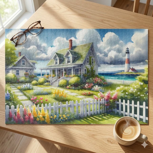 Puzzle Cabaña con vista al faro (Cottage With View Of The Lighthouse Jigsaw Puzzle On Wood Table)
