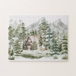 Puzzle Cabaña de acuarela en el bosque verde de pinos