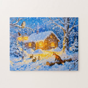 Puzzle Cabaña de bosque invernal con animales del bosque