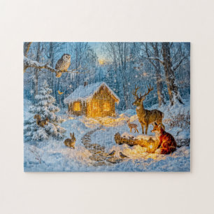 Puzzle Cabaña de bosque invernal con ciervo, zorro y búho