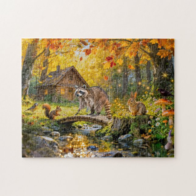 Puzzle Cabaña de bosque otoñal con animales del bosque y  (Horizontal)