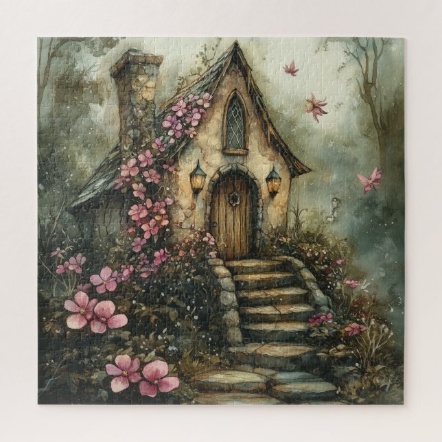 Puzzle Cabaña de cuento de hadas con flores rosas (Vertical)