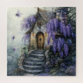 Puzzle Cabaña de cuento de hadas con glicinia púrpura