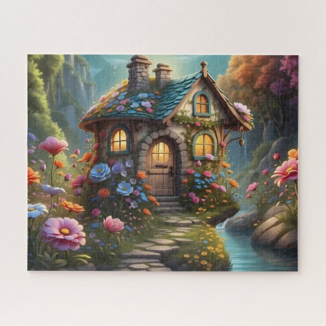 Puzzle Cabaña de flores encantada junto a la cascada (Horizontal)