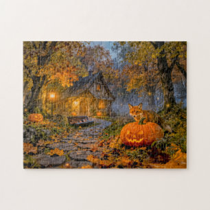 Puzzle Cabaña de Halloween en el bosque con zorro