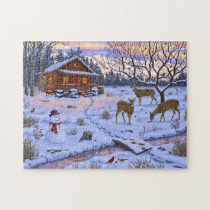 Puzzle Cabaña de invierno ciervo en la escena de Navidad