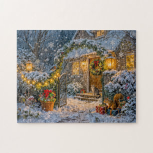 Puzzle Cabaña de invierno con ardilla, gato y petirrojo A