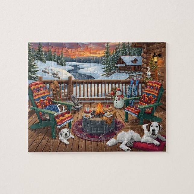 Puzzle Cabaña de invierno cubierta perros hoguera escena  (Horizontal)