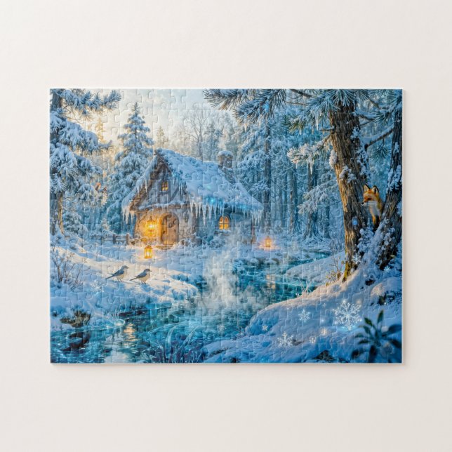 Puzzle Cabaña de invierno junto al arroyo del bosque (Horizontal)