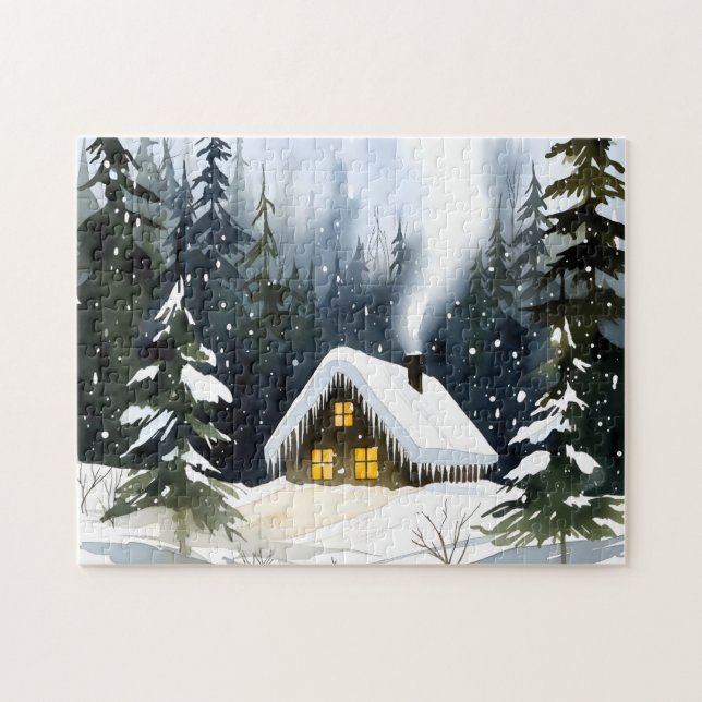 Puzzle Cabaña de invierno vintage acuarela de Navidad (Horizontal)