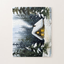 Puzzle Cabaña de invierno vintage acuarela de Navidad
