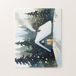 Puzzle Cabaña de invierno vintage en acuarela de Navidad