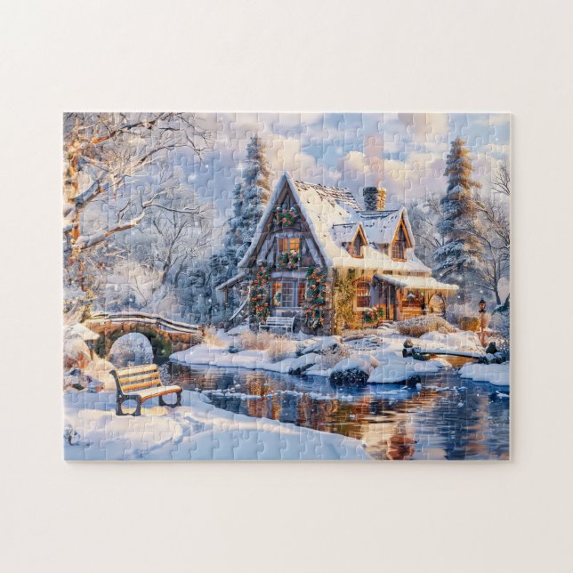 Puzzle Cabaña de Navidad junto al río nevado (Horizontal)