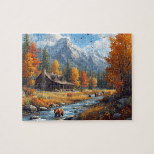 Puzzle Cabaña de otoño Osos Río Montaña Paisaje