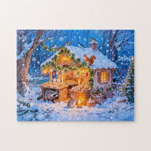 Puzzle Cabaña de pan de jengibre en la nieve