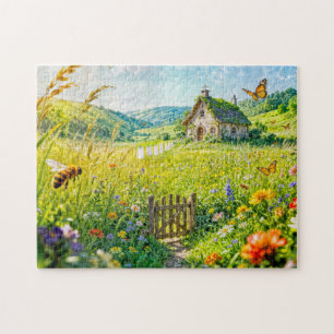 Puzzle Cabaña de prado de montaña con flores, puerta y pe