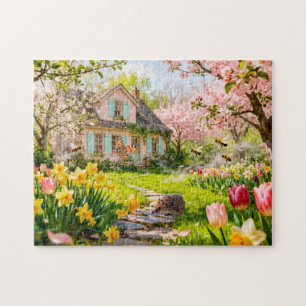 Puzzle Cabaña de primavera con abejas, erizo y flores en