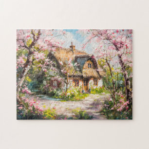 Puzzle Cabaña de primavera con árboles frutales florecien