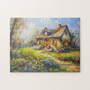 Puzzle Cabaña de primavera con tulipanes Pradera de flore