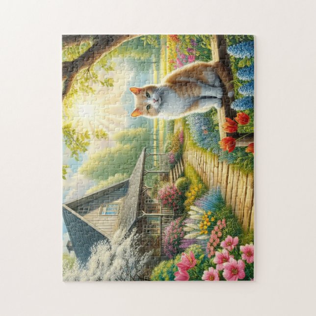 Puzzle Cabaña de primavera/jardín y gato (Vertical)